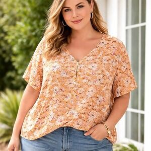 JNY Jones New York Womens Sz 3X Floral Print V Neck Blouse Top Cottage Boho Chic
